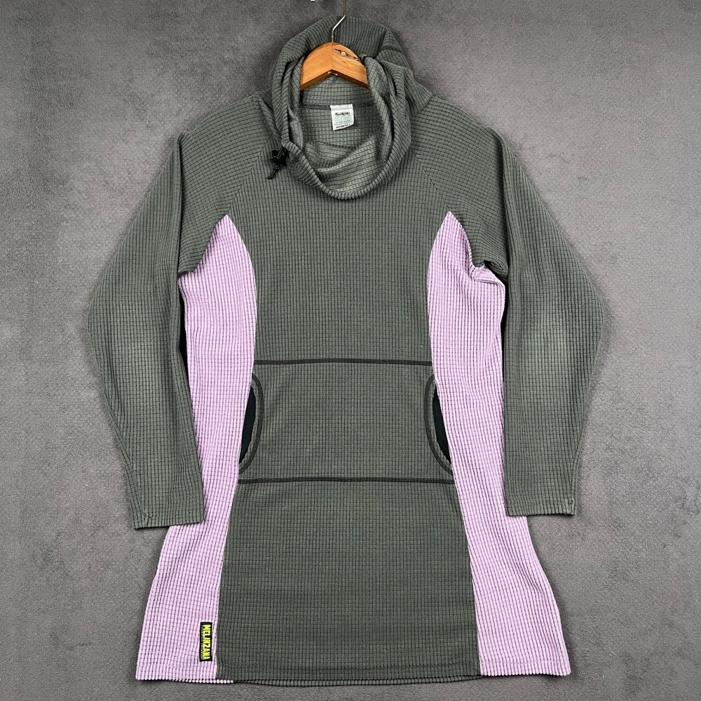 Melanzana Micro Grid Fleece Dress Womens Large Gray Lavender Tunic Hooded Cowl